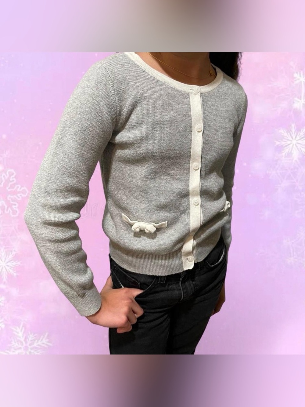 Girls' Gray Knit Cardigan with Cream Trim and Bow Accent, size M (7/8)